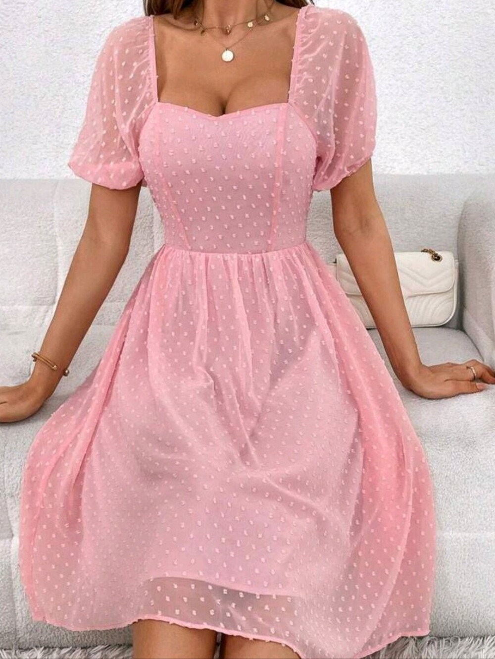 Sweetheart Neckline Pink Swiss Dot Midi Dress - Picture 4 of 7